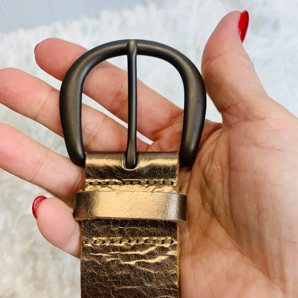 Fossil Gold Silver Wide Leather Belt Sz Medium - Image 10