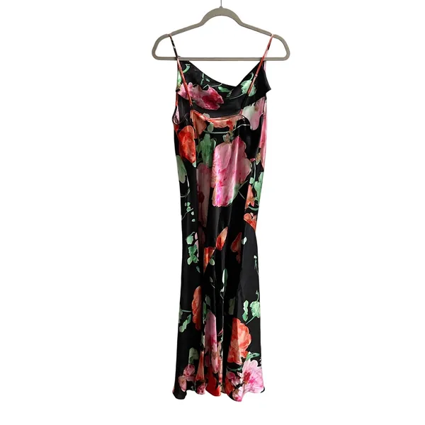 Josie Natori Silk Slip Dress Womens L Black Peony Blossom Floral Bias Cut Midi - Image 4