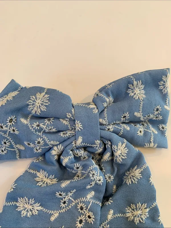 Blue and White Eyelet Embroidered Long Tails Bow French Barrette Hair Clip - Image 2
