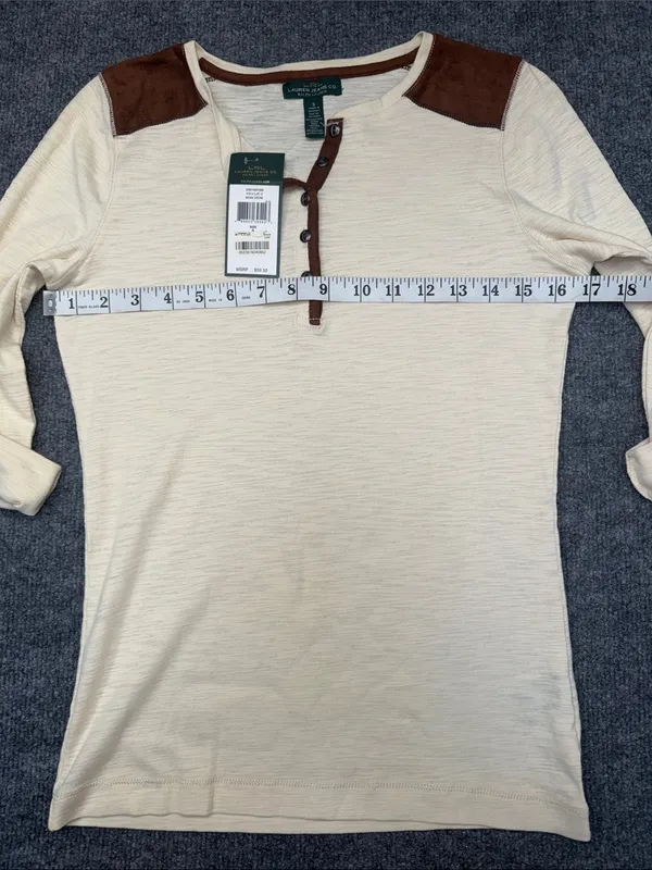 Ralph Lauren Cream Henley Top with Brown Shoulder Accents - Image 8