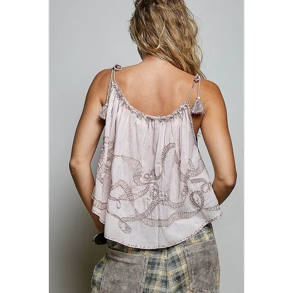 POL Tassel Shoulder Tie Embroidered Sleeveless Woven Top - Rose Pink - Large - Image 3