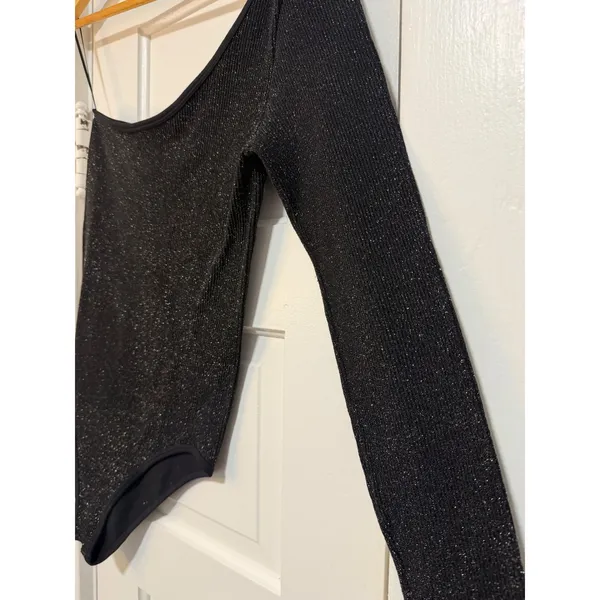 Zara Womens Black Shimmer Metallic One edgy Shoulder Ribbed Bodysuit XS NWOT - Image 3