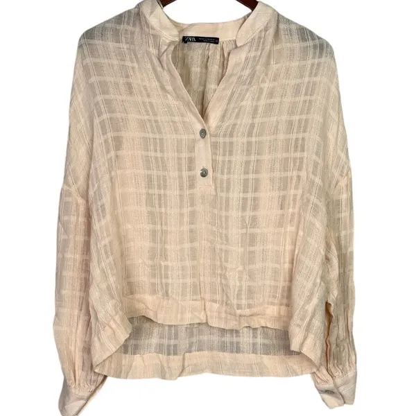 Zara Long Sleeve Oversized Flowing Loose Semi Sheer V Neck Blouse XS Soft Peach - Image 2