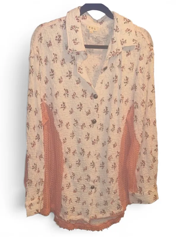 POL Lg Floral Button-Up Blouse - White and Pink - Image 2