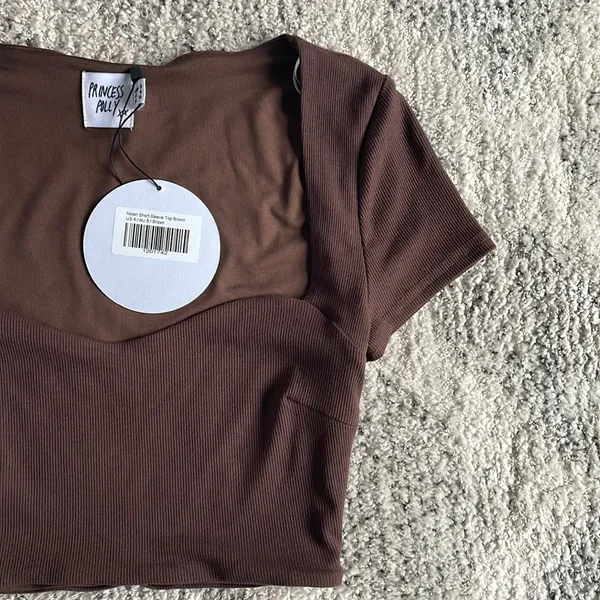 NWT Princess Polly Nolan Short Sleeve Ribbed Crop Top Size Small 4 Brown Cute - Image 7