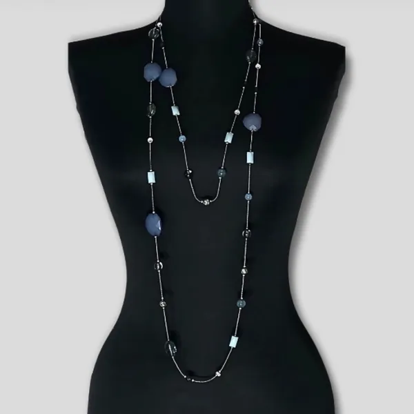 Vintage Beaded Layered Necklace and Drop Earring Set Silver Tone Blue - Image 2