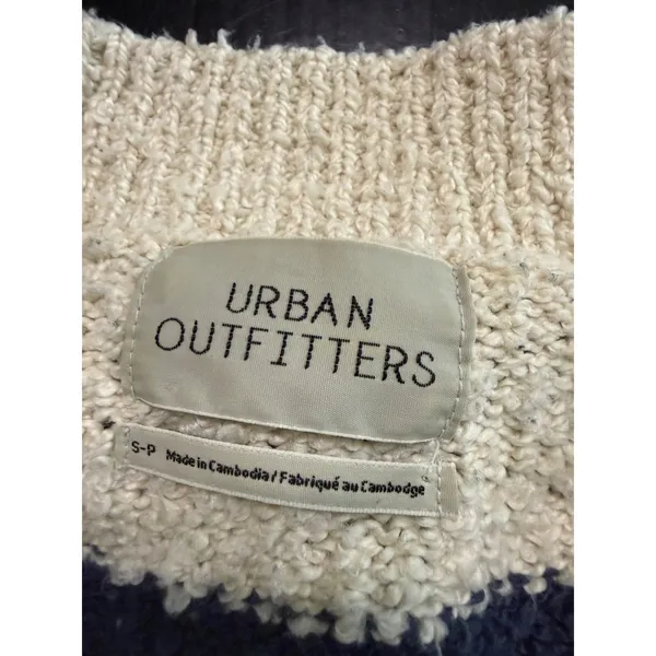 Urban Outfitters Striped Cropped‎ V-Neck Knit Sweater Cream Navy Blue Small Boho - Image 5