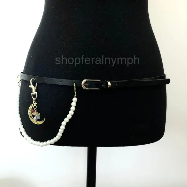 Y2K Celestial Black Faux Leather Pearl Moon Belt, Fits 33–35 Inches, X7GA1232 - Image 3
