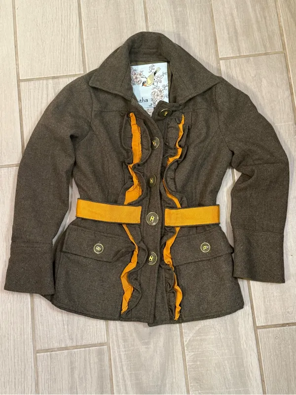 Tabitha Brown Tweed Blazer with Mustard Ruffle and Belt - Image 2