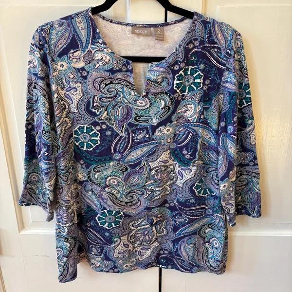 Chico's Size 2 Blue‎ Abstract Floral Paisley Print Blouse Top Shirt Size Large - Image 3