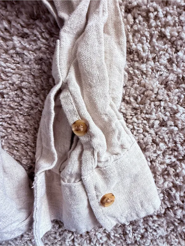 Athleta Linen Shirt Womens M Oatmeal Long Sleeve Button Down Casual Pocket Top - Image 4