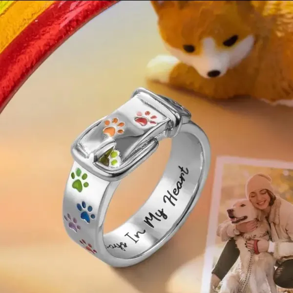 Women’s White Gold Colorful Paw Print “Always in My Heart” Engraved Ring Size 6 - Image 3