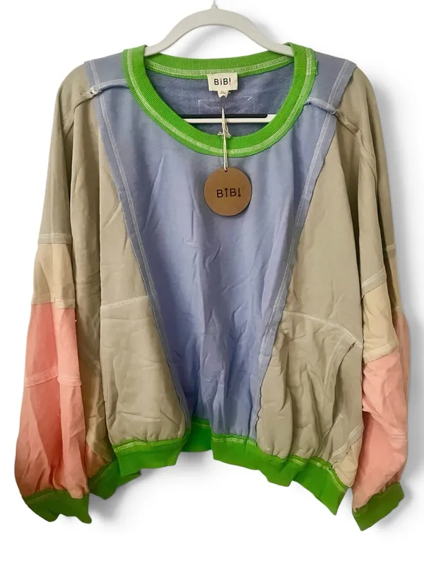 Bibi Colorblock Crewneck Longsleeve Sweatshirt in periwinkle and tan - Image 2