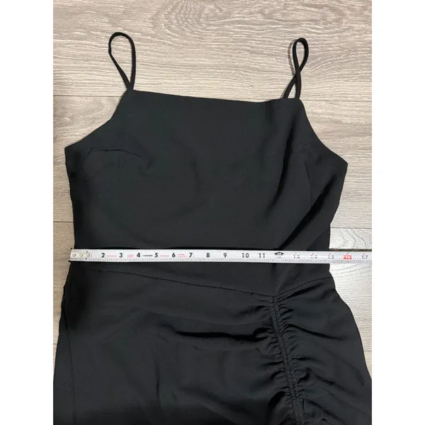 New Material Girl Midi Dress L Caviar Black Ruched Side Slit Cocktail Prom Edgy - Image 6