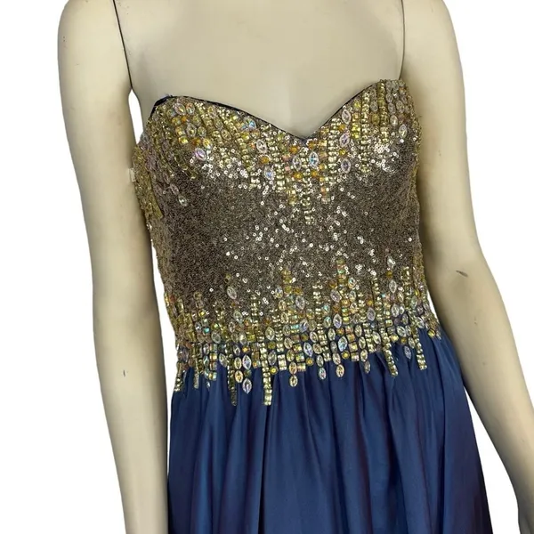 2000s Glow Dress Blue Chiffon Beaded Prom Gown Gold Sequin Formal Strapless S - Image 4
