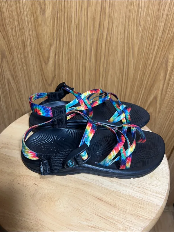 Chacos Women's Black Sandals with Rainbow Tie-Dye Straps - Image 4