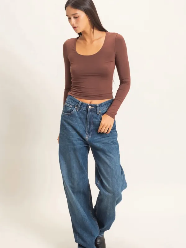 NEW 🤎 Double Zero Chocolate Brown Scoop Neck Long Sleeve Tee – Medium - Image 6