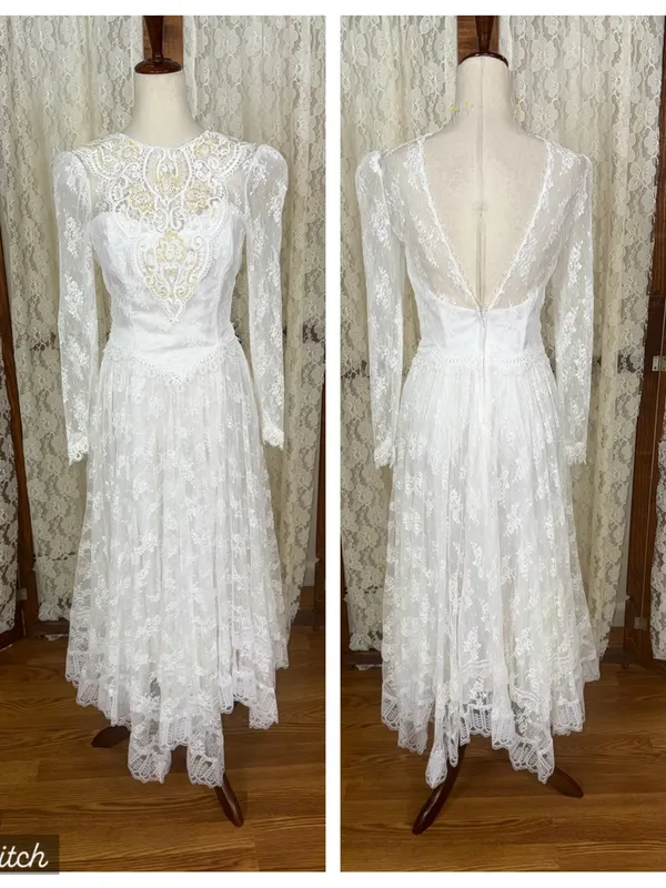 Fabulous Vintage 90s Jessica McClintock Handkerchief Hem Lace Wedding Dress - Image 2