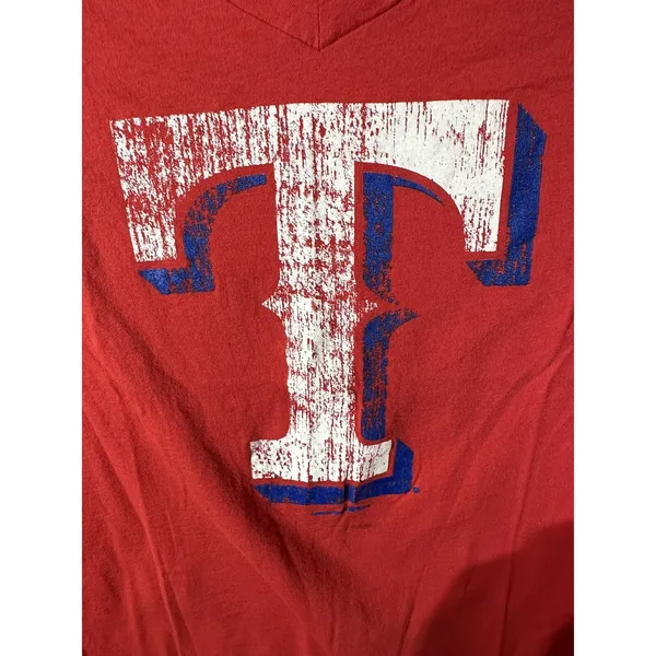 Texas Rangers Womens‎ V Neck T Shirt Red Blue Letter T Graphic MLB Licensed M - Image 3