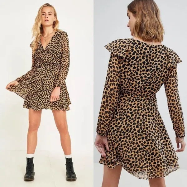 Free People Frenchie Leopard Print Georgette Mini Wrap Dress Boho Ruffle XS - Image 3