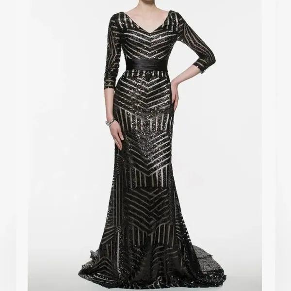 Women’s Black Sequined Full Length Prom Party Dress 3/4 Sleeve Train Size 12 - Image 15