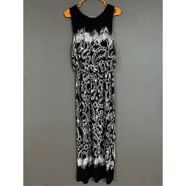 Kiara Black White Paisley Print Sleeveless Maxi Dress Faux Tie Size Large - Image 7