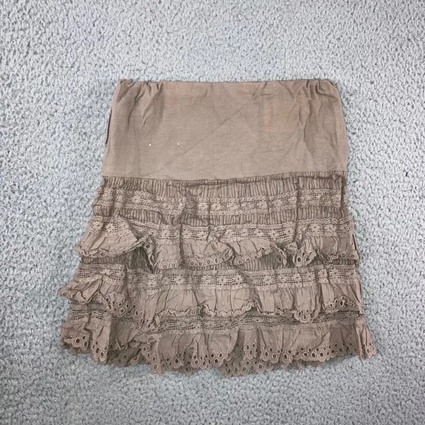 Tiered Ruffle Mini Skirt Women XS Taupe Brown Eyelet Lace Boho Coastal Fairy y2k - Image 2