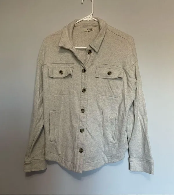 Madewell Brushed Cotton Button Up Cream Shacket Sweater Over Jacket - Image 4