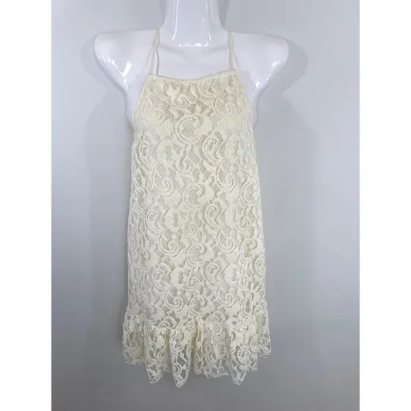 Free People Cream Lace Halter Ruffle Mini Dress Women XS Boho Festival Baby doll - Image 4