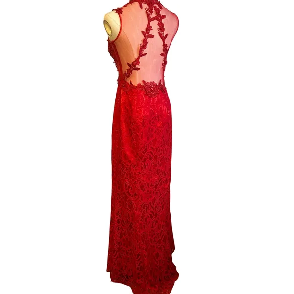 Swing Red Floral Lace Illusion Prom Gown Size 6 - Image 7