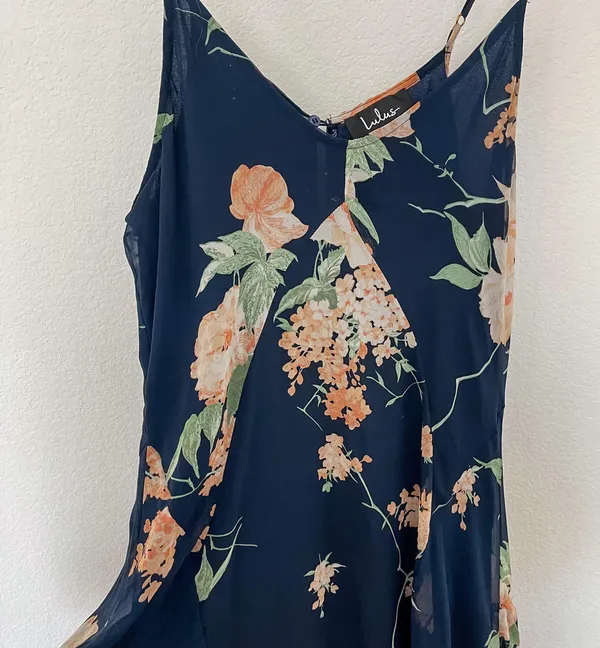 Lulus Feeling Freesia Navy Blue Floral Print Handkerchief Hem Maxi Dress - Image 4
