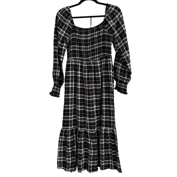 Lucky Brand Black Plaid Smocked Midi Dress‎ Grunge Cottagecore Long Sleeve NWT - Image 2
