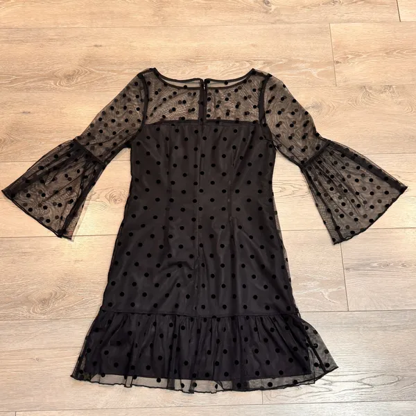 BB Dakota Black Polka Dot Mesh Bell Sleeve‎ Mini Dress 2 Xsmall - Image 2