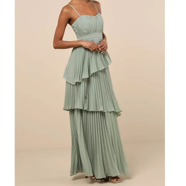 NEW Lulus Jehona Sage Green Brush Pleated Tiered Maxi Dress Chiffon Gown Large - Image 3
