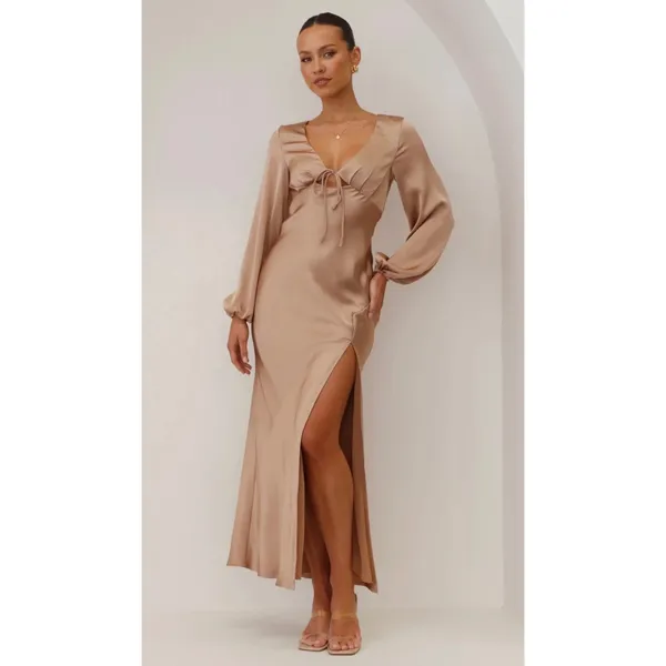 Billy J Brigitte‎ Dress Plus Size 20 Tan Satin Tie Front Maxi V Neck Old Money - Image 11