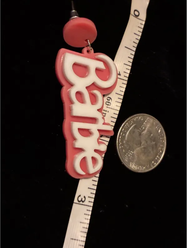 Retro Pink Barbie Script Dangle Earrings, Y2K Girly Logo Novelty Drop Jewelry - Image 5