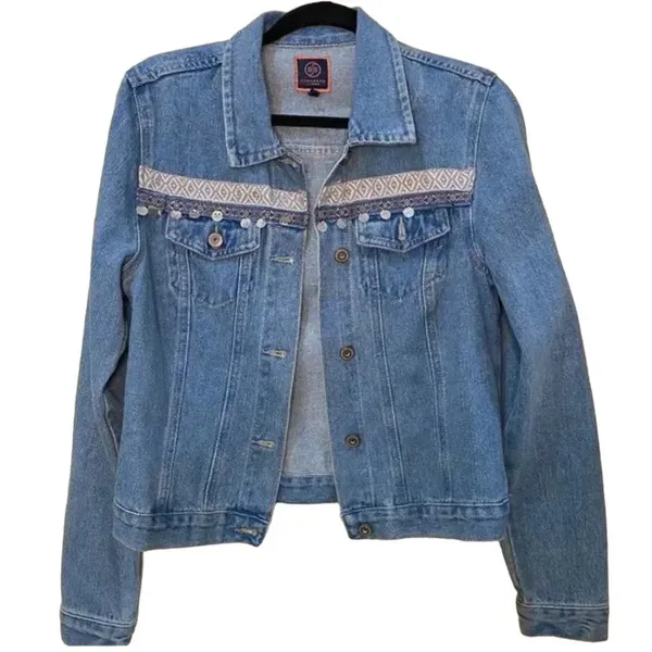 BOOM BOOM Jeans Denim Boho Embellished Festival Jacket - size medium - Image 2