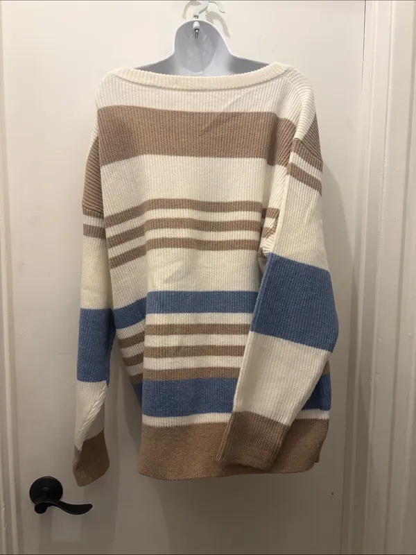 Striped Oversized Knit Sweater - Cream, Tan & Blue size XL new - Image 4