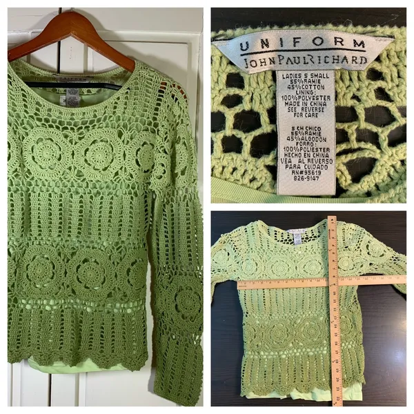 Uniform John‎ Paul Richard Green Crochet Lace Knit Long Sleeve Sweater Top Smal - Image 10