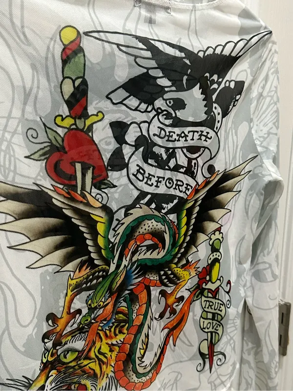 Ed Hardy Dragon Dagger white mesh long sleeve crop top Large Y2K - Image 14