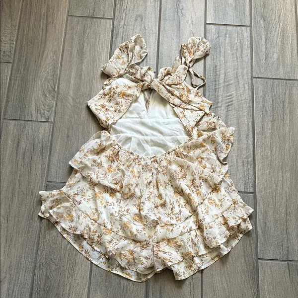 Angel Biba Floral Ruffle Jumpsuit in Cream and Brown - Image 5
