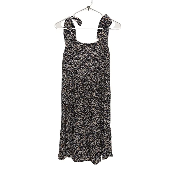 Angel Maternity Dress Women M Navy Floral Boho Smocked Tie Strap Tiered Midi - Image 2