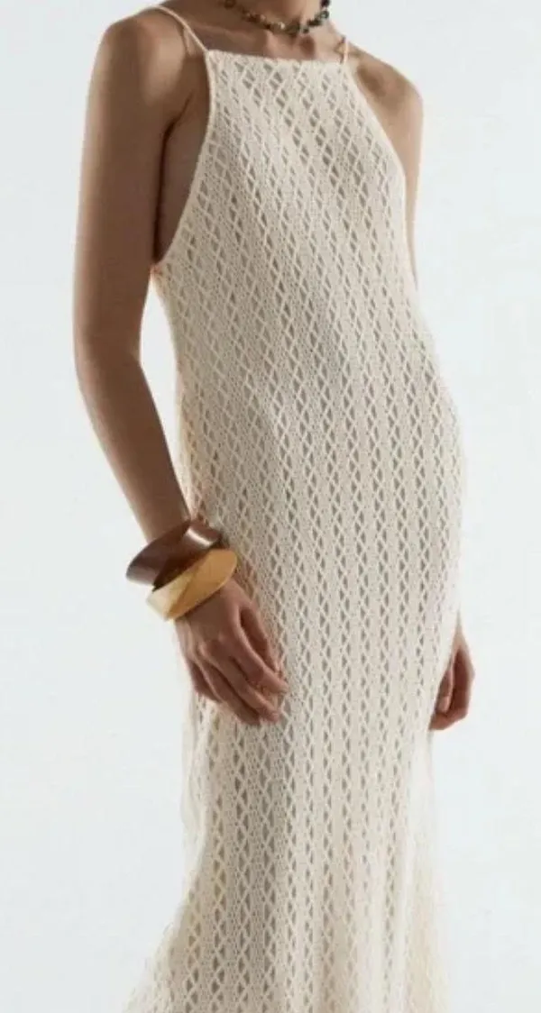 ZARA NWT BLOGGERS FAVORITE super BOHO ECRU BEIGE CROCHETED HALTER Maxi DRESS L - Image 17