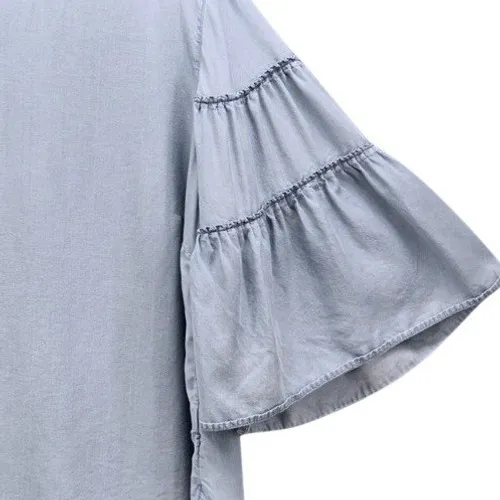 J Jill Womens Chambray Blouse Size Large Bohemian Tencel Denim Bell Angel Sleeve - Image 3
