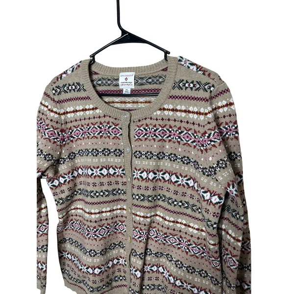 Vintage‎ Appleseeds Wool Blend PL Tan Multi Fair Isle Pattern Cardigan Sweater - Image 2