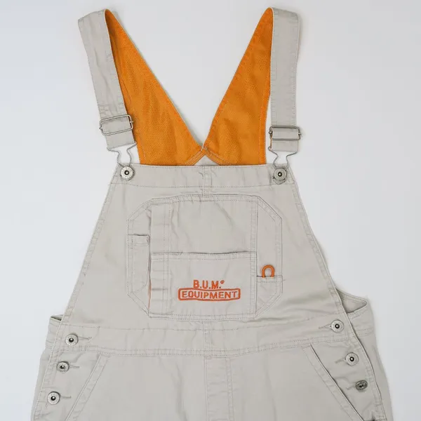 Vintage 90s Bum Equipment Jeans Khaki & Orange Denim Overall Shorts - Image 6