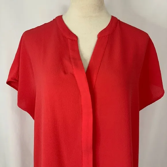 Adrianna Papell Blouse Top V-Neck‎ Short Sleeve Button Up Orange Red Women Large - Image 3