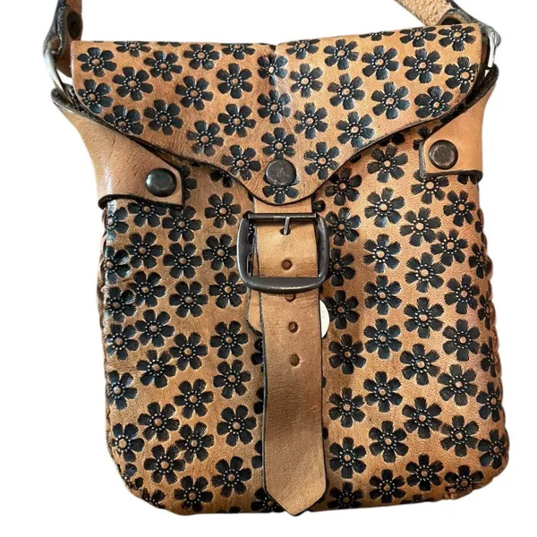 Handmade Leather Boho Hippie Earthy Natural Tan Floral Braided Crossbody Bag - Image 2