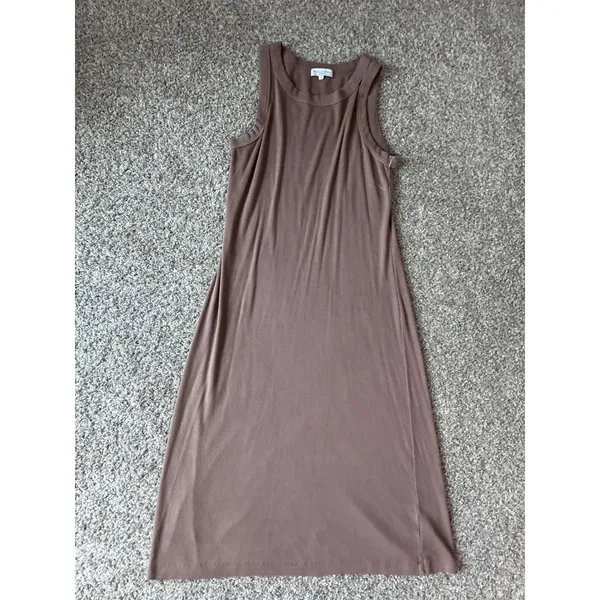 Michael Stars Wren Ribbed Tank Midi Dress Brown XL Side Slit Ruched Sleeveless - Image 4