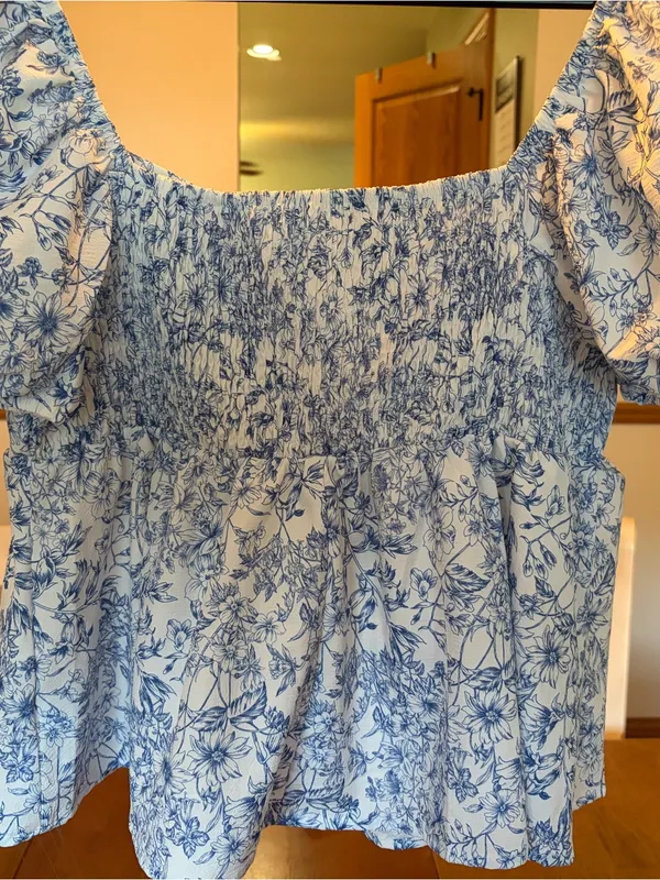 Blue & White Floral Smocked Peplum Puff Sleeve Blouse | Cottagecore | Women’s - Image 4